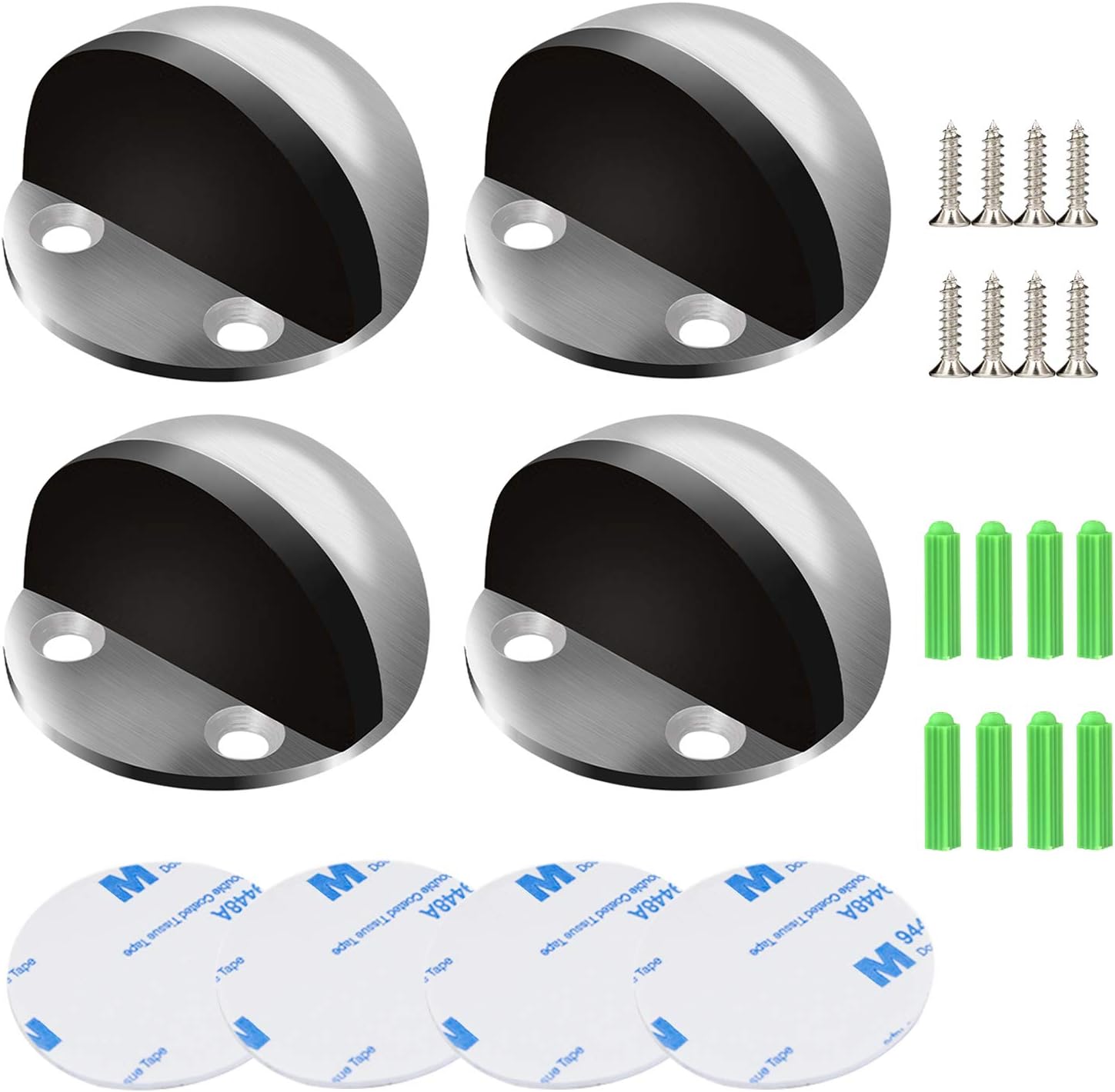 4PCS Door Stops, Stainless Steel Door Stopper Floor Mounted, Oval Adhesive Door Stop with Screws and Adhesive Pads