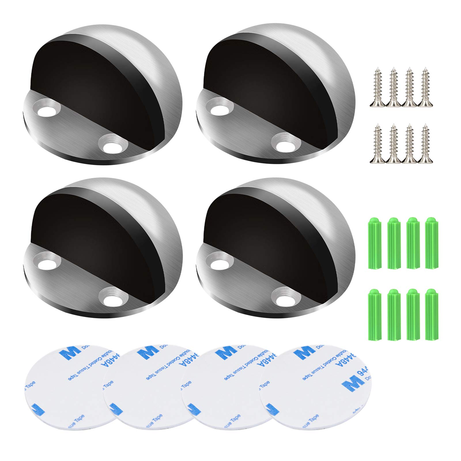 4PCS Door Stops, Stainless Steel Door Stopper Floor Mounted, Oval Adhesive Door Stop with Screws and Adhesive Pads