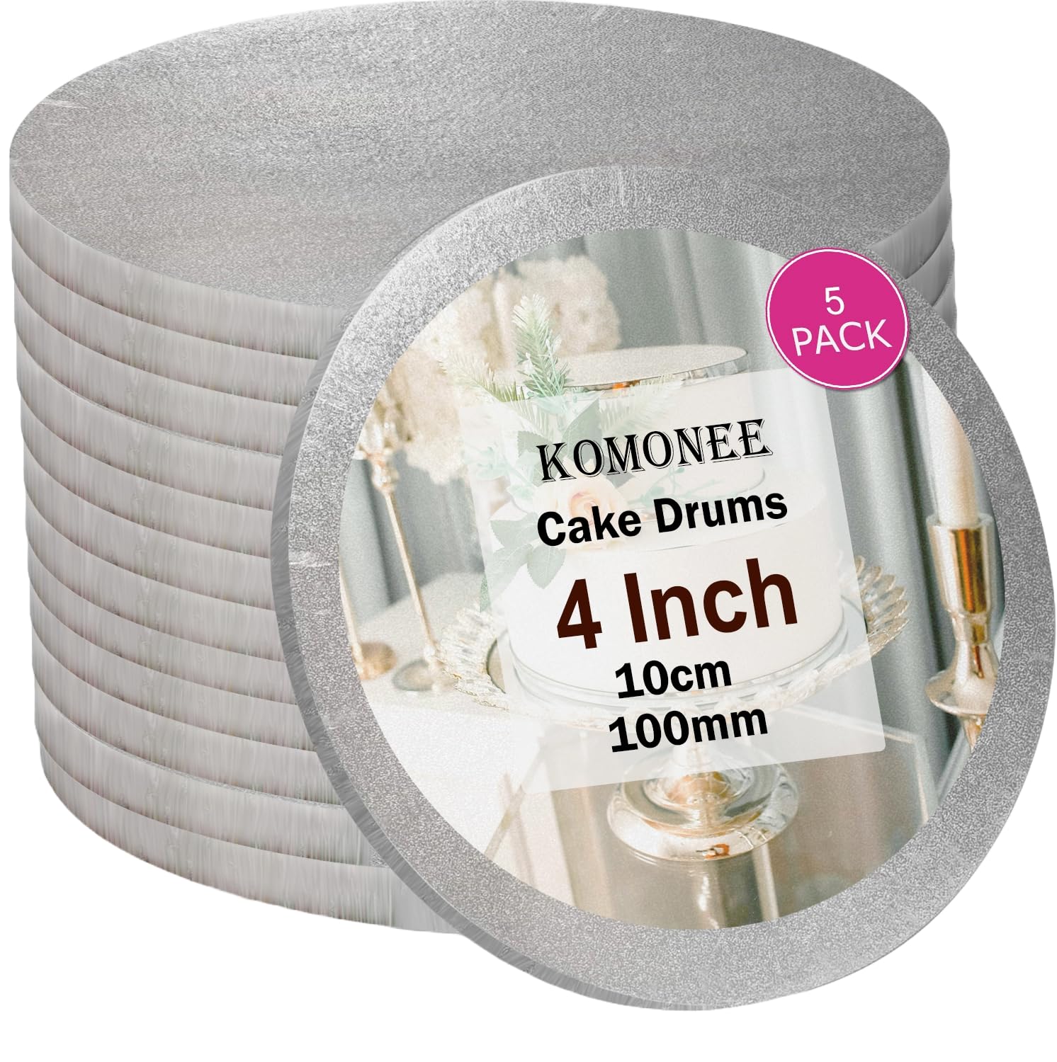 Cake Drum Boards 4" Inch Silver Round Baking Base For Home Parties Weddings Birthdays Cupcakes Display Stand (Pack Of 5)