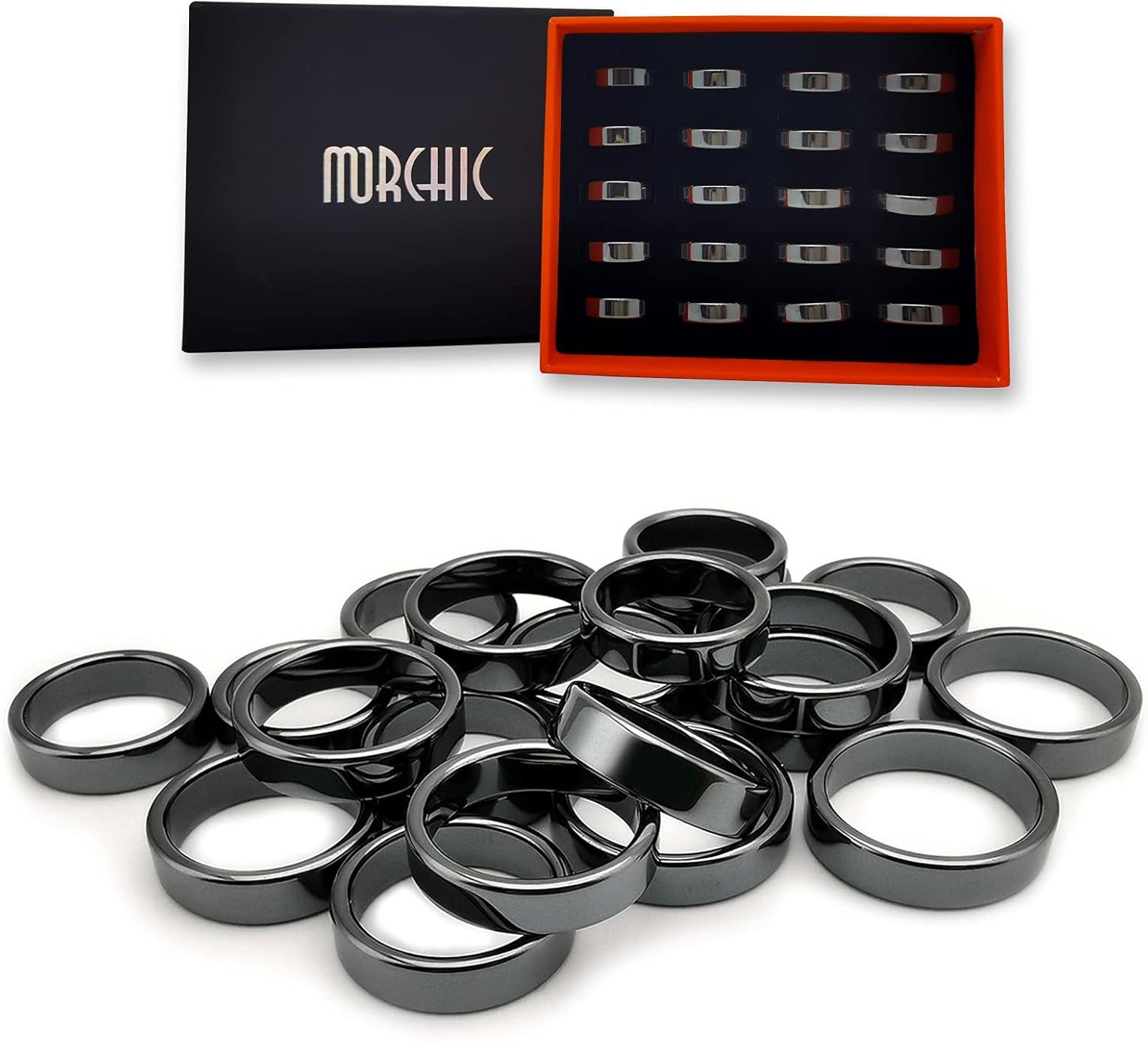 Morchic 20Pcs Hematite Stone Flat Band Rings for Women Men Unisex, Anxiety Balance Root Chakra 6mm Thick (Pack of Mixed Size): Clothing