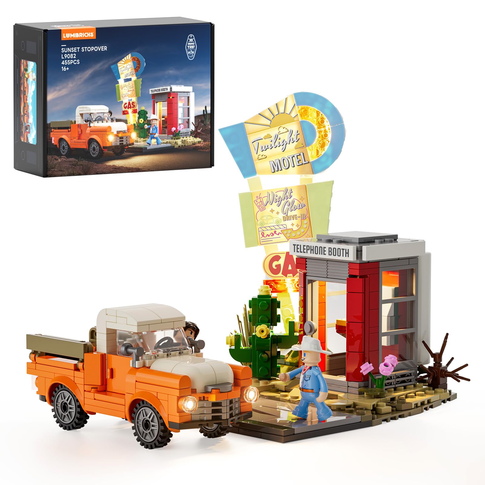 Photo 1 of Lumibricks City Sunset-Stopover Lighting-Building-Bricks Set - Road Trip Car Station Modular Collection LED Light Building Set 455 Pcs for Adults, Teen and Travelling Enthusiasts