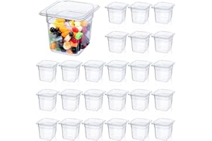 Yinder 24 Pcs Plastic Clear Food Pans 1/6 Size Stackable Polycarbonate Food Containers with Capacity Indicator Restaurant Commercial Hotel Pan for Fruits Vegetables Beans Corns (6'' Deep)