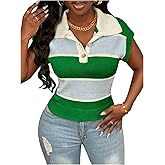 WDIRARA Women's Striped Sweater Vest Button Front Cap Sleeve Pullover Knit Tops