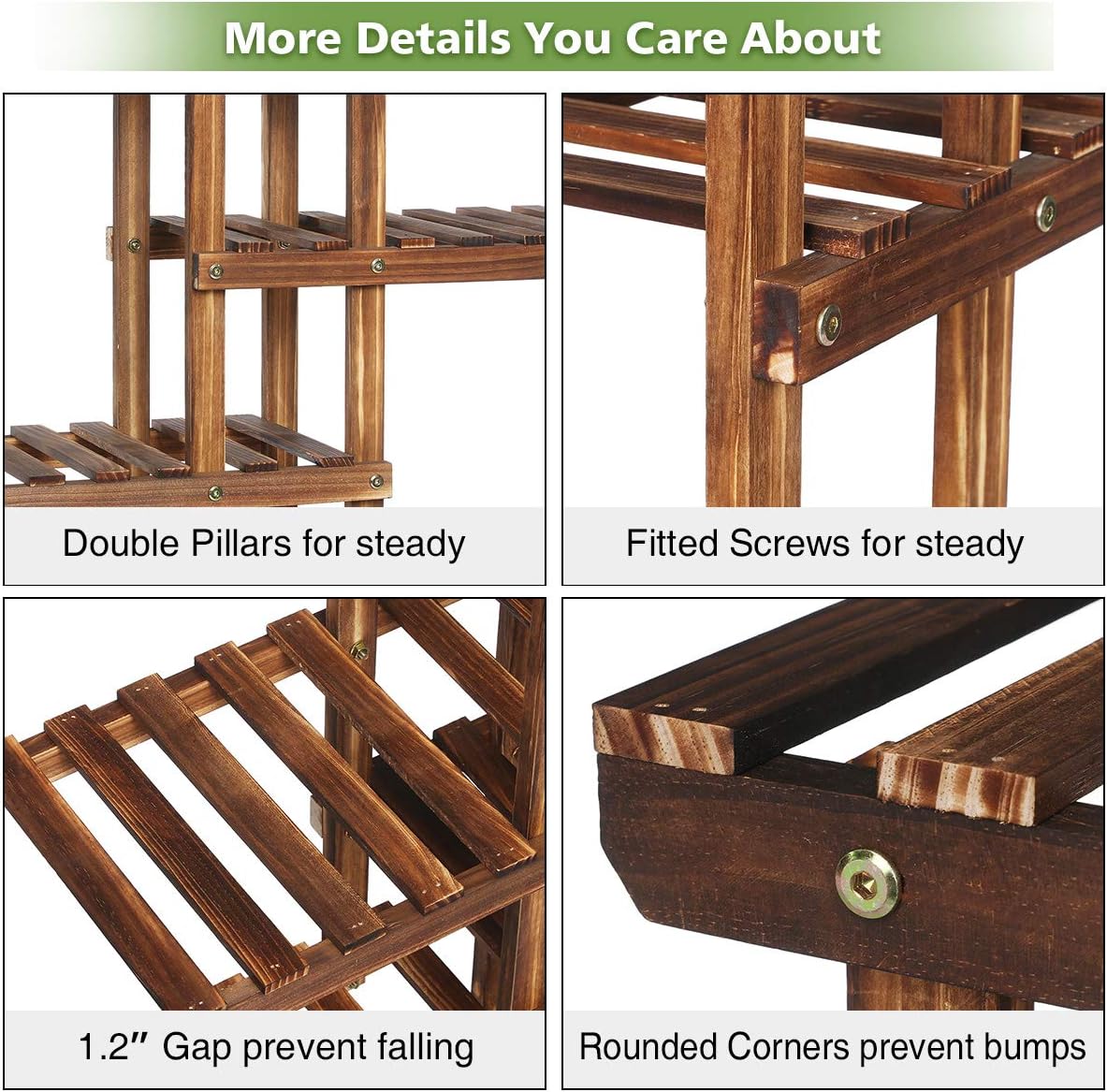 TOOCA Wood Plant Stand Indoor, 44'' 7 Tier Outdoor Tall Plant Stand, Flower Stand, Multiple Tier Plant Display Rack Holder, Steady Vertical Carbonized Shelves for Patio Livingroom Balcony Garden: Garden & Outdoor