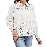Women's Casual Embroidered Ruffle Long Sleeve Shirts Loose Button Up Shirt Fall Eyelet Blouses Tops Fashion Clothes 2025