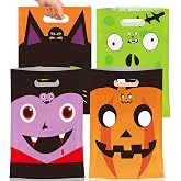 50 Pcs Halloween Goodie Bags with Handles, Happy Halloween Treat Bag, Plastic Trick or Treat Pumpkin Gift Goody Candy Cookie Snack Party Favor Bags Bulk for Trick or Treating Helloween Party Supplies
