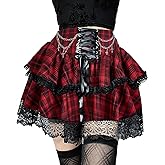 ZUNQKG Womens Mini Gothic Skirt Tie Waist Lace Up Double Layered Ruffles Y2k Skirt Set with Chain