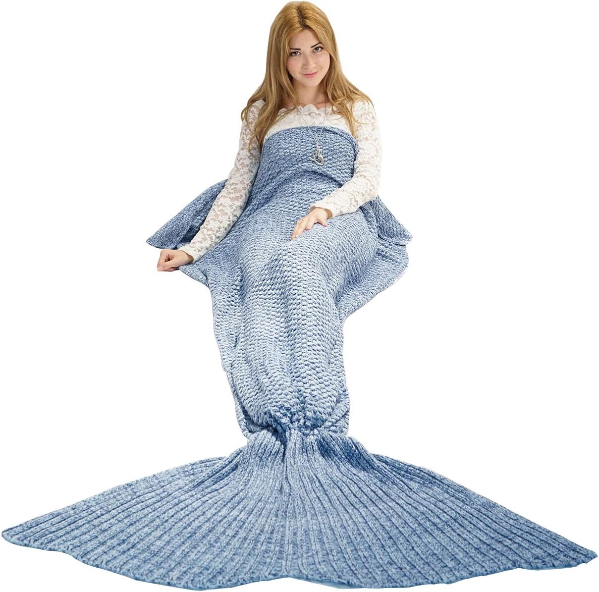 LAGHCAT Mermaid Tail Blanket Crochet Mermaid Blanket for Adult/Kids, Soft All Seasons Sleeping Blankets, Whale Tail Pattern (Blue and White, 56"x28")