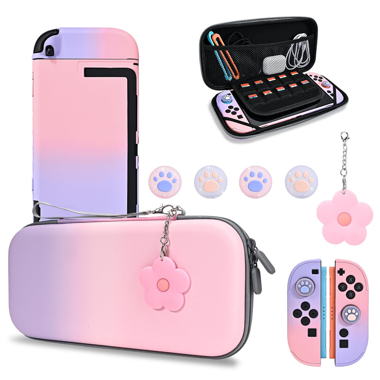 DLseego Storage Carrying Case for Nintendo Switch 2 2025 Accessories Set, 10 Game Card Slots Cute Protective, 1 Hard PC Case, 1PC Flower Blossom Chain, 4 Thumb Grips, Slim & Portable - Pink Purple