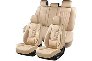 Coverado Car Seat Covers Full Set, 5 Piece Car Seat Protector with Lumbar Support & Removable Headrest, Breathable Leather Front Rear Seat Cushion Universal Fit for Truck Automotive Beige