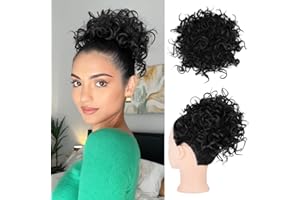HOOJIH Messy Hair Bun Hair Piece Elastic Drawstring Loose Wave Large Curly Bun Short Synthetic Ponytail Extension Hair Bun Extension for Women Daily Use - Natural Black