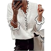 MakeMeChic Women's Long Sleeve Ruffle Sweaters V Neck Lightweight Knit Pullover Sweater Tops