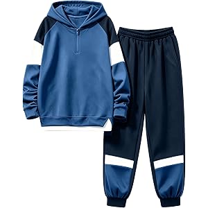 Hevemexy Boys Clothes Color Block Hoodie and Sweatpants Size 5-16Y | Relaxed Loose Fit,Fall Winter Spring,Fake Two-Piece Desi