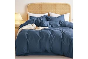 Wake In Cloud - Navy Blue Cotton Duvet Cover Set, Queen Size, 100% Washed Cotton Plain Solid Color, Breathable Percale Durabl