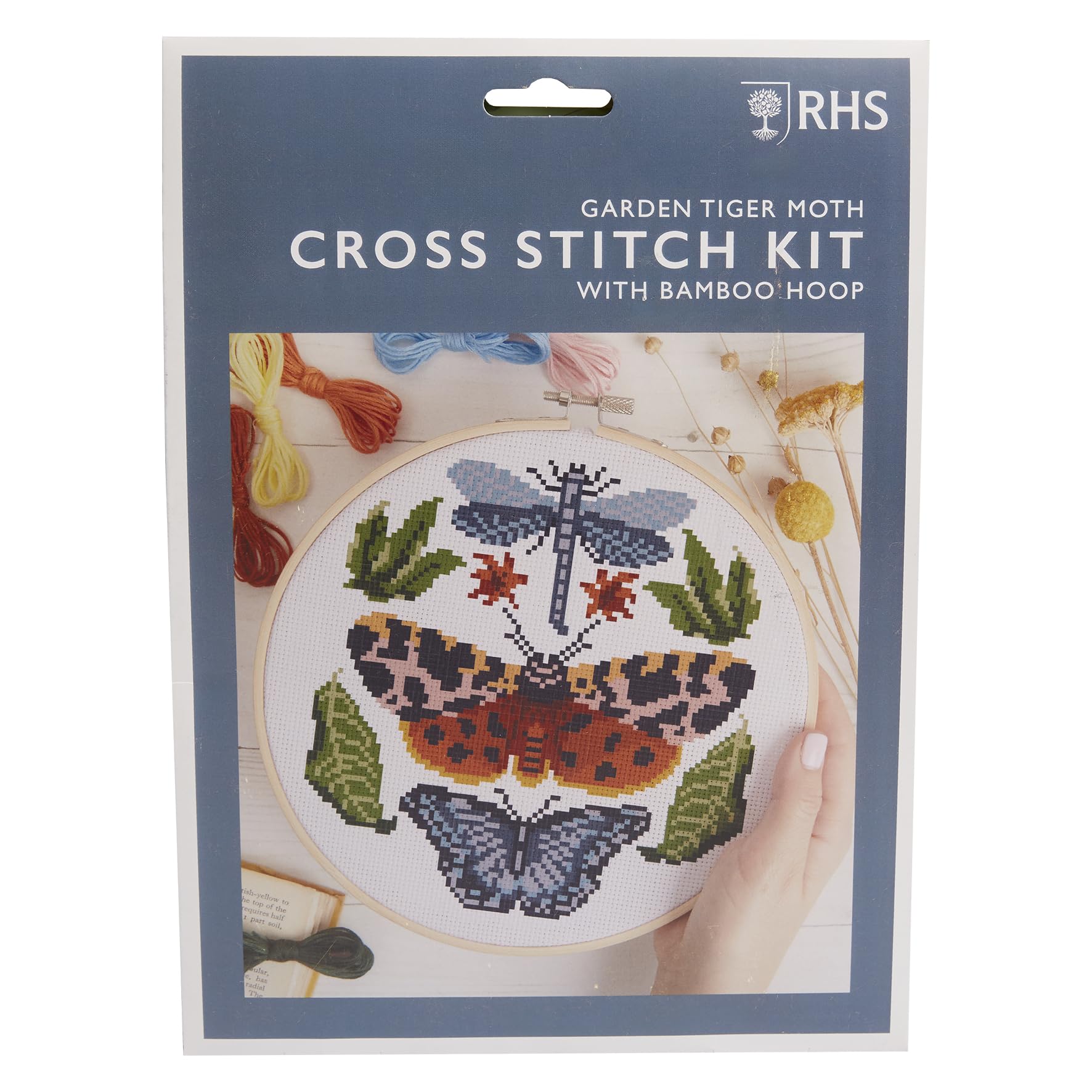 RHS The Royal Horticultural Society Cross Stitch Kit, Tiger Moth Design, 8", Embroidery Kits For Adults, Cross Stitch Kits For Adults Beginners, Gift Idea, With Embroidery Patterns, Embroidery Set