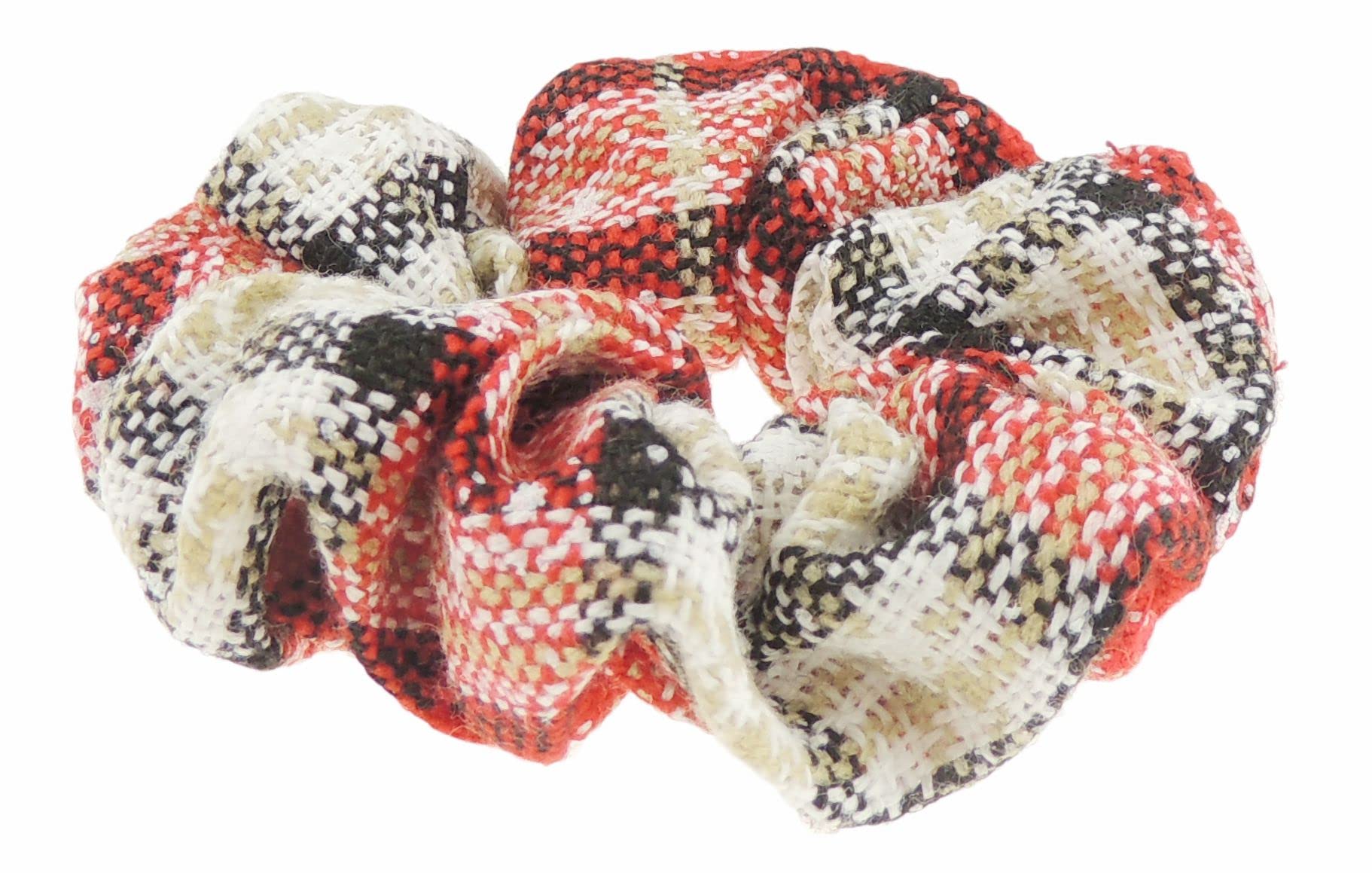 Festive Womens Girls Fabric Snowflake Tartan Plaid Tinsel School Christmas Party Bag Ponio Rope Hair Tie Up Back Elastic Accessories Bobbles Ponytail Holder Rubber Bands Scrunchie (Beige Red Black)