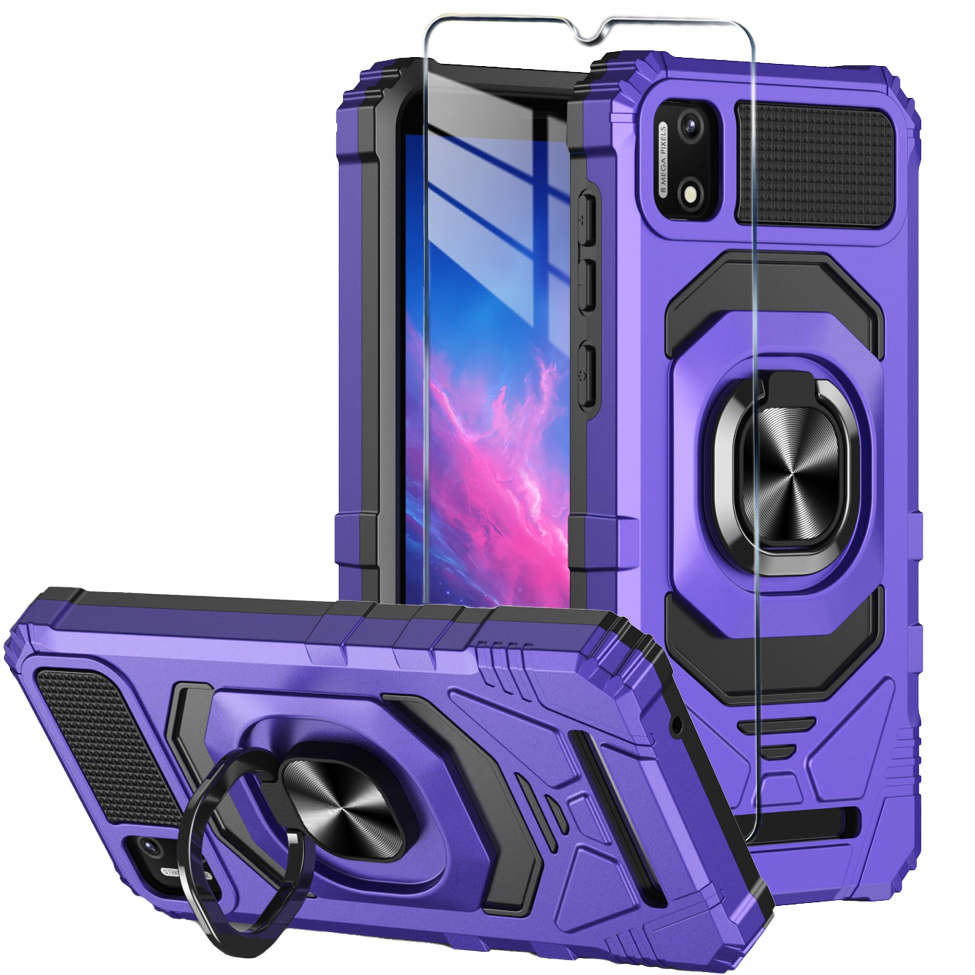 Photo 1 of for Cloud Mobile Stratus C7 Phone Case with Tempered Glass Screen Protector,Military Grade Heavy Duty Shockproof Protective Cover,with Ring Kickstand for Cloud Stratus C7 (Purple)