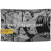 Gold Trident Flags Pain Is Temporary Motivational Gym Flag – Arnold Schwarzenegger Poster – Discipline Banner for Gym, Dorm, Home Workout Space – Cool Fitness Wall Decor – Durable Polyester – 3x5 Feet