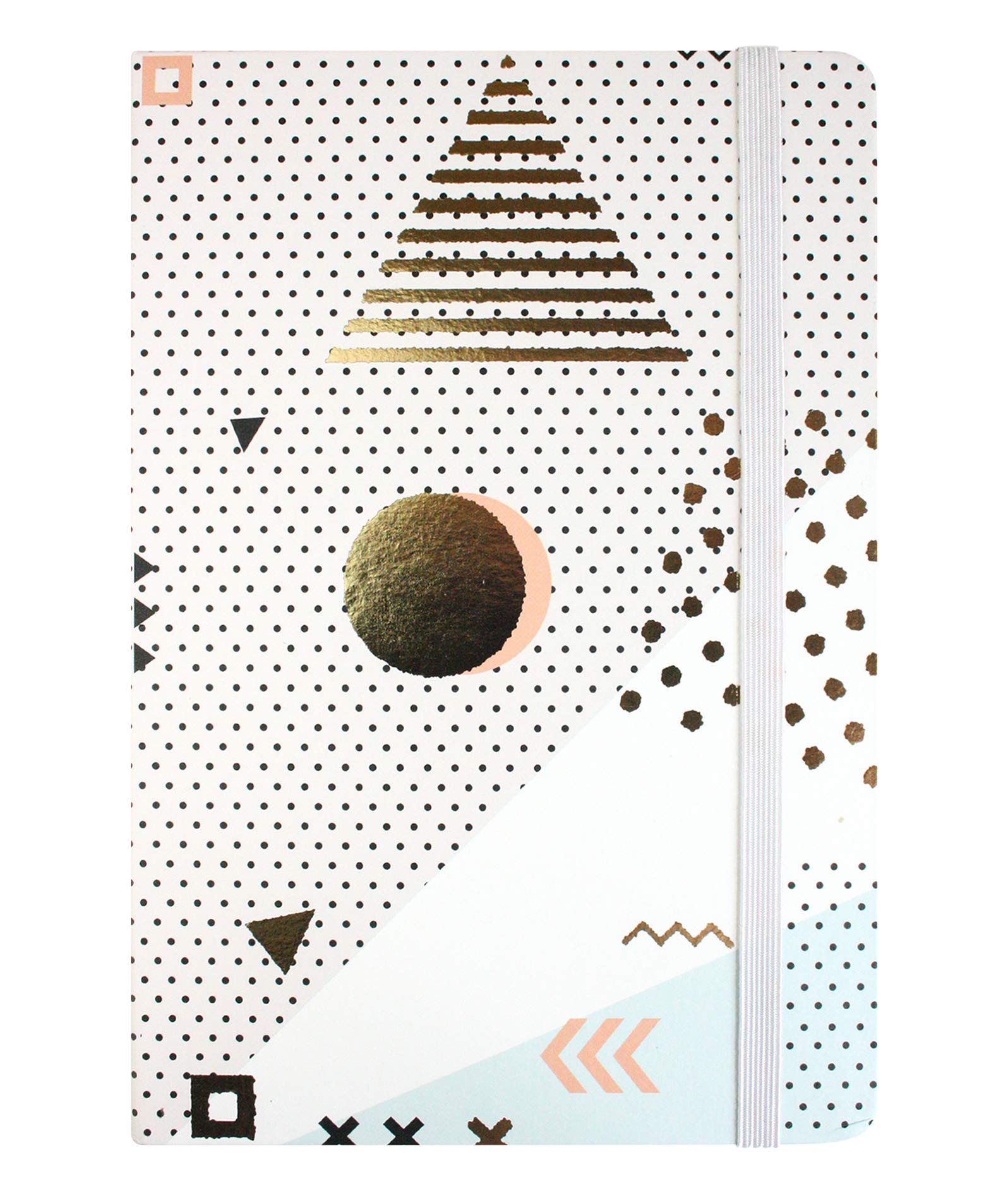 Emartbuy A5 Size Grey Gold Hardbound Notebook – 96 Sheets (192 Pages) - Artistic Dot & Triangle Design with Elastic Closure & Lined Pages for School & Office