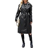 Gudasuo Faux Leather Jacket Women Trench Coat Long Loose Button Lined Jacket Open Front Motorcycle Coat with Belt