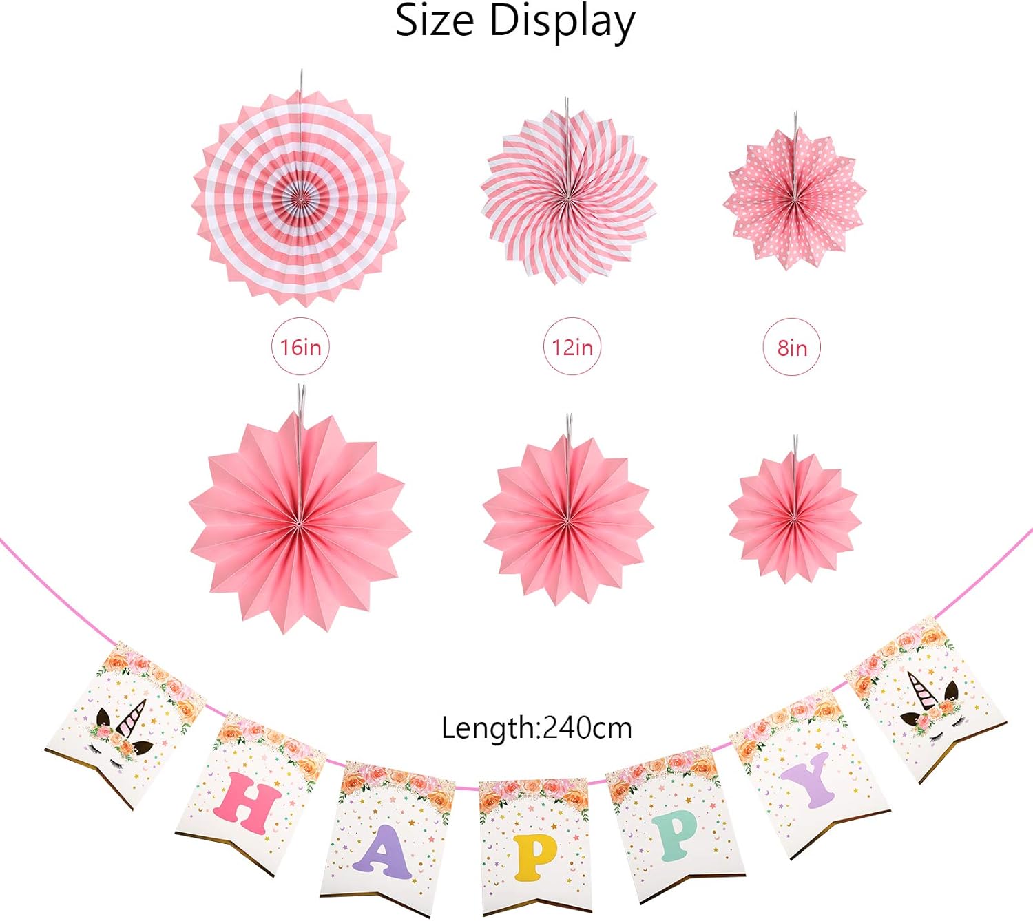 Zoomsky Decoration Anniversaire Licorne Banniere Banderole Happy Birthday Avec 6 Pcs Eventail Papier Rose Joyeux Anniversaire Fournitures De Fete Enfants Adulte Filles Garcon Bebe Baby Shower Fournitures De Loisirs Creatifs Bannieres
