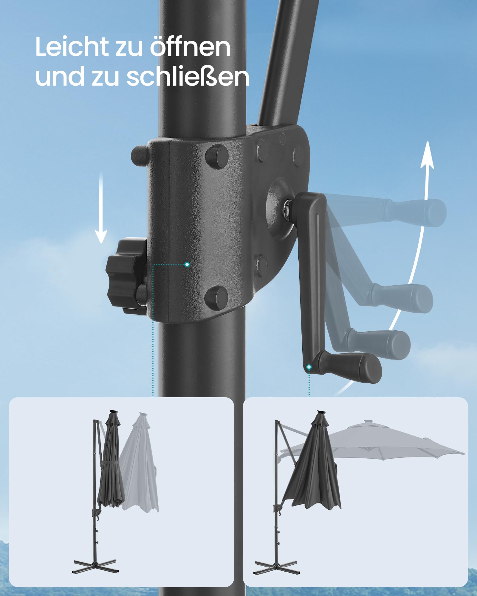SONGMICS Sonnenschirm, Ampelschirm, 300 cm, 28 Solar-LED-Leuchten, UPF 50+, Gartenschirm, um 360° drehbar, Neigungswinkel stufenlos verstellbar, mit Kurbel, Kreuzfuß, grau GPU047G02 7