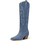 DREAM PAIRS Cowgirl Boots Women Knee High Cowboy Boots Pointed Toe Chunky Block Heel Suede Tall Western Boots with Embroidered