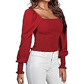 LYANER Women's Square Neck Ruffle Trim Shirred Puff Long Sleeve Crop Top Blouse Shirt