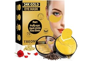 TREONDEXIR 24K Gold Eye Masks for Dark Circles and Puffiness 70PCS, Under Eye Patches Gel Pads for Puffy Eyes Treatment w/Collagen, Caffeine, Peptides for Eye Bags Treatment, Gel Eye Mask Skincare