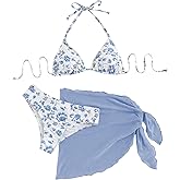 SHENHE Women's 3 Piece Floral Bikini Set with Wrap Coverup Halter Triangle Swimsuits