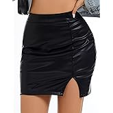 Simlakey Women's Black Faux Leather Skirts High Waist Side Slit Bodycon Mini Skirt with Shorts Stretchy Pleather Short Skirt