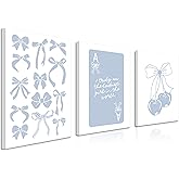 Trendy Preppy Canvas Wall Art Set of 3, Light Blue Bow Picture Wall Decor Paintings, Poker Lucky Coquette Room Posters Prints for Dorm College Apartment Bedroom 12x16In Framed