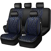CAR PASS Piping Luxury Leather Seat Covers Full Set,5 Seats Anti-Slip Waterproof Seat Covers Compatible with Front Armrests,Universal Fit for Sendan SUV Van Truck,Airbag Compatible,Black and Blue