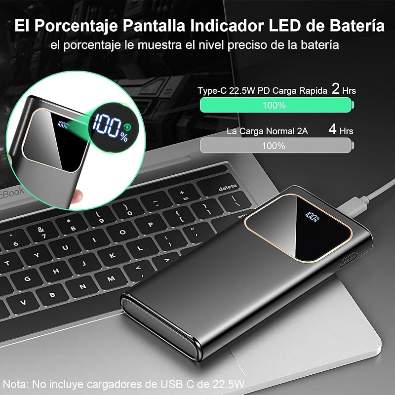 2026 Power Bank Fast Charging,Bateria Externa Carga Rapida 10000mAh 22.5W Cargador Portatil con Entrada y Salida USB C, Patalla LED para iPhone 17/16/15/14 Air Pro MAX Plus, para Samsung Android Negro — foto 5 de 7