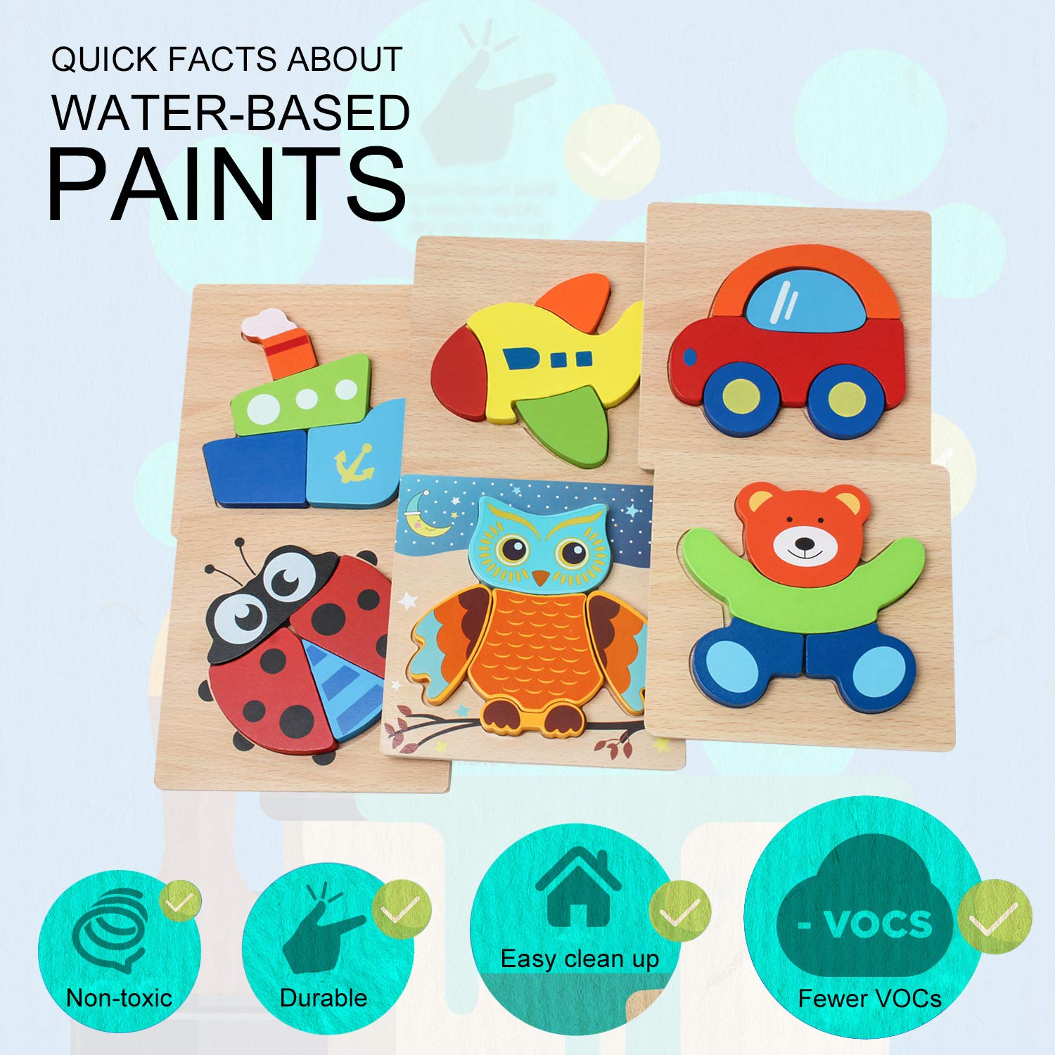 Wooden Jigsaw Puzzles for Toddlers - Jaolex Animal & Vehicle Jigsaw Puzzles for 1 2 3 Years Old Boys & Girls Educational Toys [ 6 Pack ]