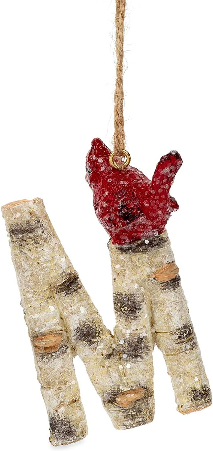 Ornaments - Cardinal Initial Christmas Tree Ornament Letter with Cardinal Birds on Birch Christmas Tree Decorations-Keepsake for Family (Letter M)
