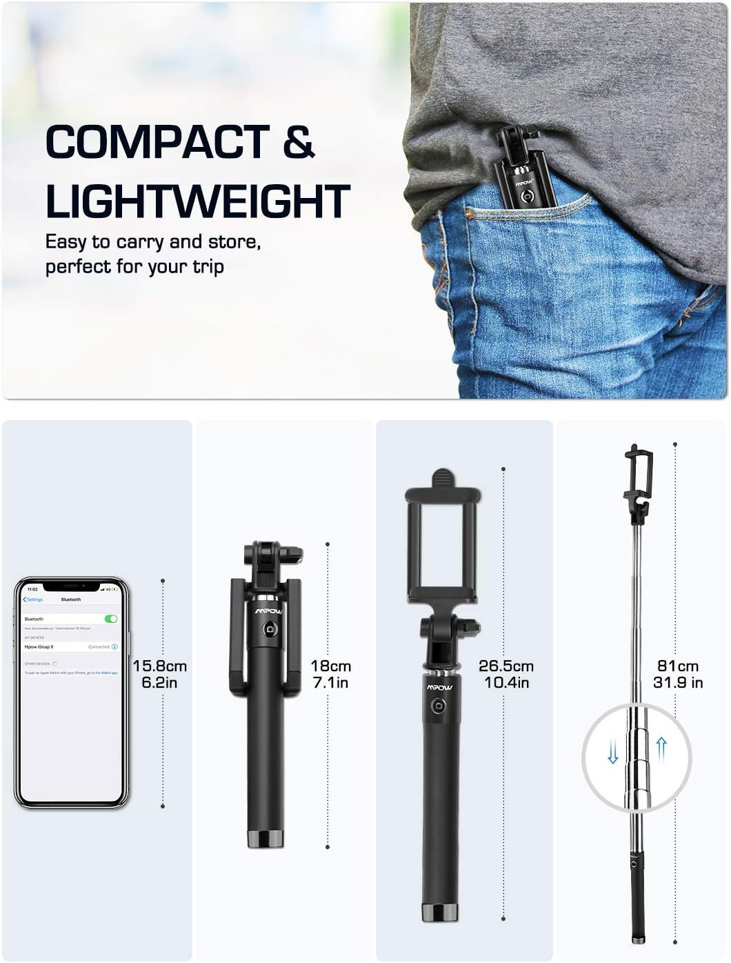 Mpow Selfie Stick, Lightweight Extendable 31.9 Inch Monopod with Bluetooth Remote Compatible iPhone12/12 Pro/SE /11/ Max/ XS/Max/XR/X/8/8P/7/7P/6S, Galaxy S20/S10/ S10 Plus/S9/8/7/6 and More, Black