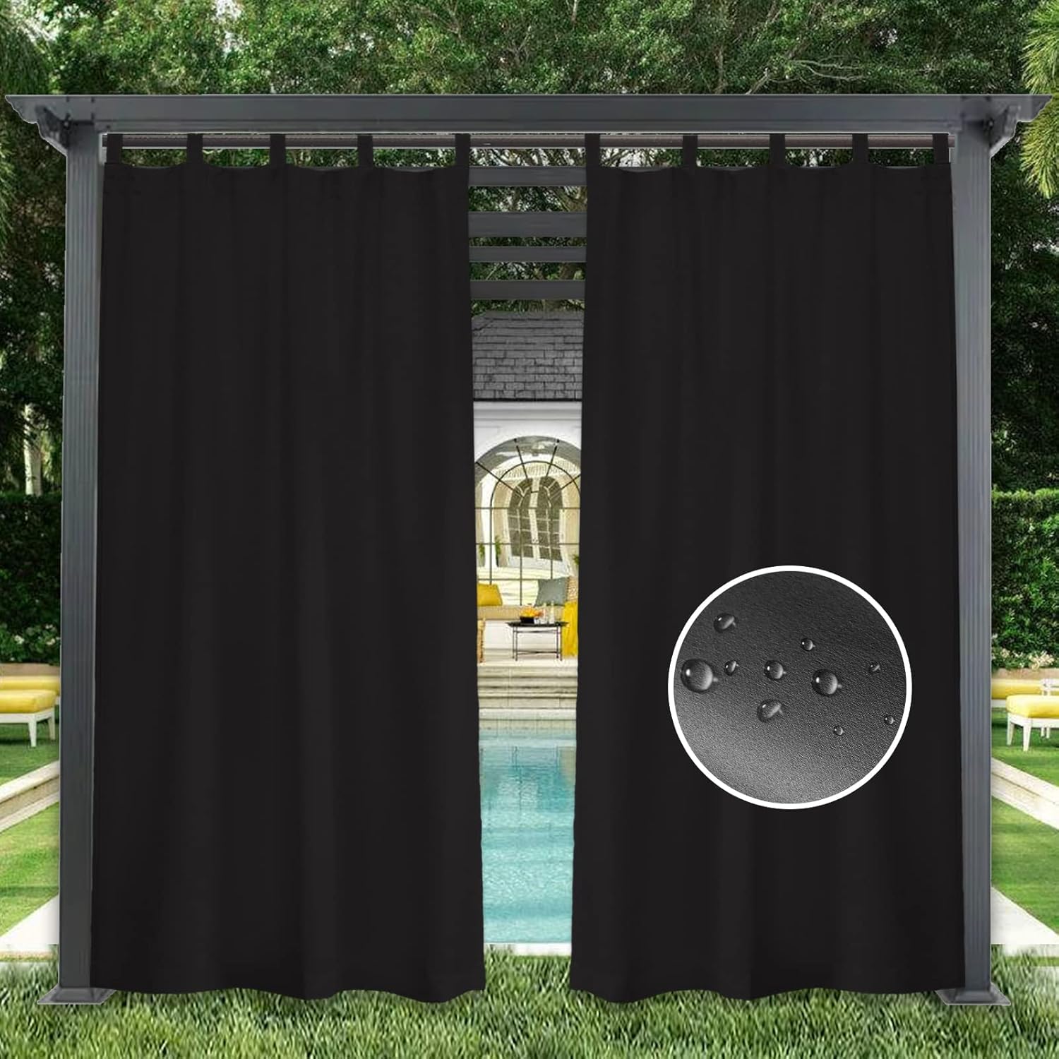 Outdoor Curtains - GZQIAWY 1 Panel Outdoor Curtains Waterproof Indoor Blackout Privacy Curtain for Patio Pool Hut Pavilion Gazebo Pergola,50 in x 65 in (W x L),Black