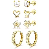 MILACOLATO 14K Gold Plated Hypoallergenic Earrings 316L Surgical Stainless Steel Cute Pearl Flower Butterfly Heart Strawberry Rainbow Flat Back Earrings Small Daisy Huggie Hoop Earrings Set for Sensitive Ears
