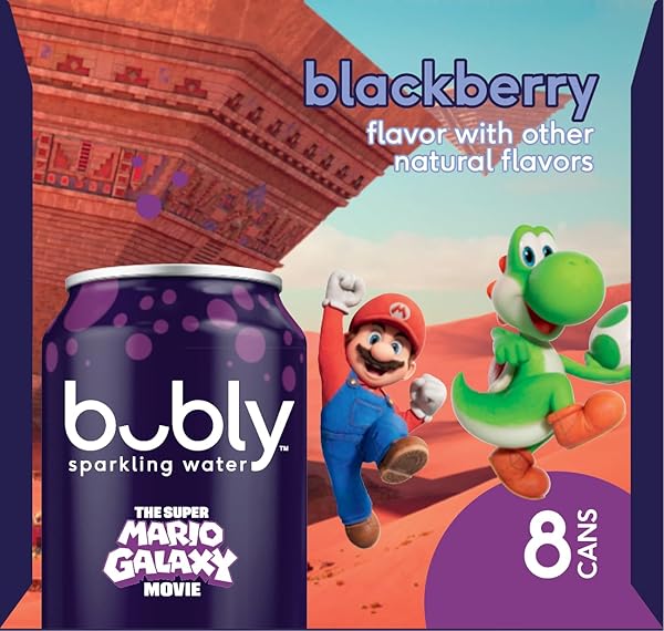 BUBLY SPARKLING WATER, THE SUPER MARIO GALAXY MOVIE BLACKBERRY, ZERO SUGAR & ZERO CALORIES, 12 FL OZ CANS (PACK OF 8), PACKAGING MAY VARY