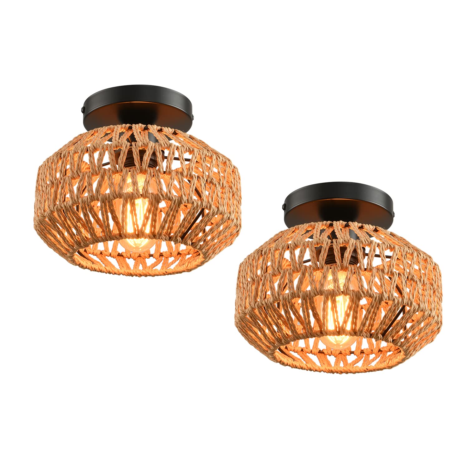 Photo 1 of IHENGYANLT 2 Pack Farmhouse Light Fixtures Ceiling Mount,Mini Rattan Boho Semi Flush Mount Ceiling Light,Hand Woven Hallway Light Fixtures for Bedroom Entryway Nursery Study Room