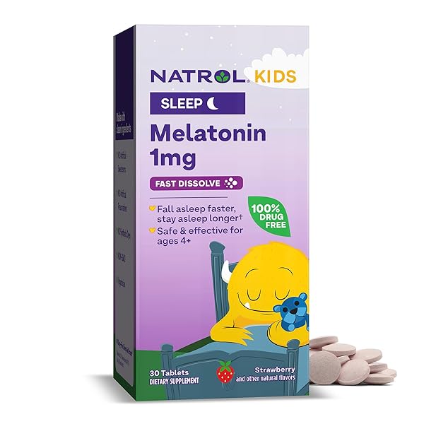 NATROL KIDS FAST DISSOLVE MELATONIN 1 MG, DIETARY SUPPLEMENT FOR RESTFUL SLEEP, SLEEP TABLETS FOR KIDS, 30 STRAWBERRY-FLAVORED MELATONIN TABLETS, 30 DAY SUPPLY