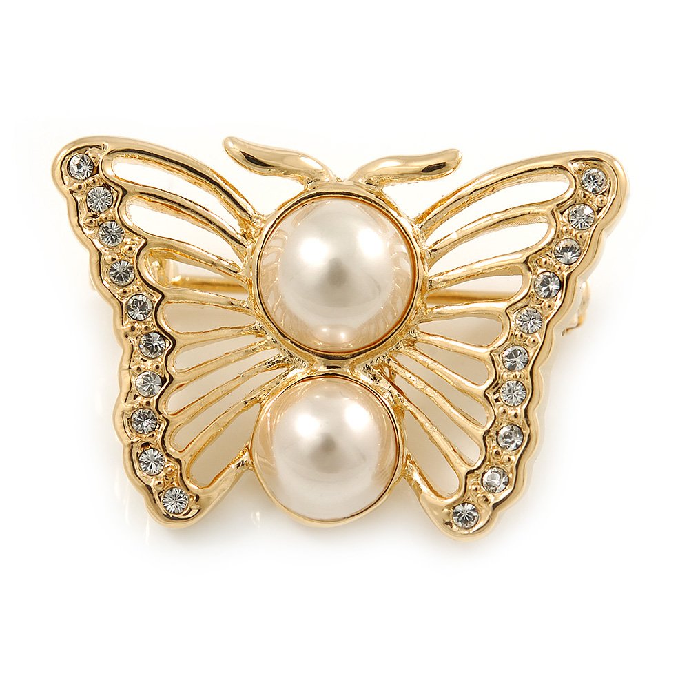 Small Gold Plated Crystal, Faux Pearl Butterfly Brooch - 30mm L