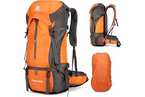 ShowyLive 70L Hiking Backpack - Lightweight Waterproof Travel Backpack for Men & Women, Large Camping Bag with Rain Cover & Adjustable Straps (Orange)