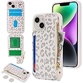 Cavor for iPhone 13 Case with Card Holder,for iPhone 14 Wallet Case for Women Men,Leather Magnetic Clasp Zipper Pocket Protective Phone Cover-Leopard White