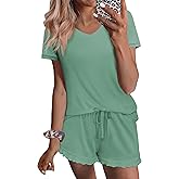 Ekouaer Womens Pajama Sets Summer Pjs Soft Short Sleeve Sleepwear Comfy Ruffle Pj Shorts Set Cute Lounge Sets with Pockets