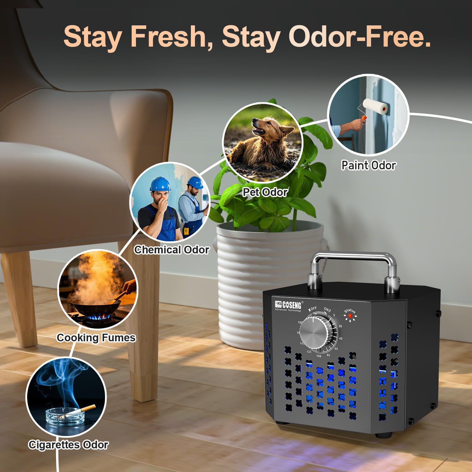 Ozone Generator Car/Home O3 Air Purifier, Ozone Machine Odor Removal and Ozonator up to 1500 Sq.Ft, Powerful Ozone Odor Eliminator for Home, Cars, Basement, Smoke, Pets, Black