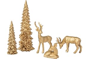 DN DECONATION Christmas Reindeer and Tree Decor – Set of 5 Gold Xmas Reindeer with Christmas Tree Statues – Vintage Resin Woo