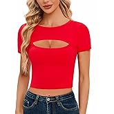 CLOZOZ Cut Out Tops for Women Sexy Crewneck Crop Top Slim Fitted T-Shirts Going Out Tops