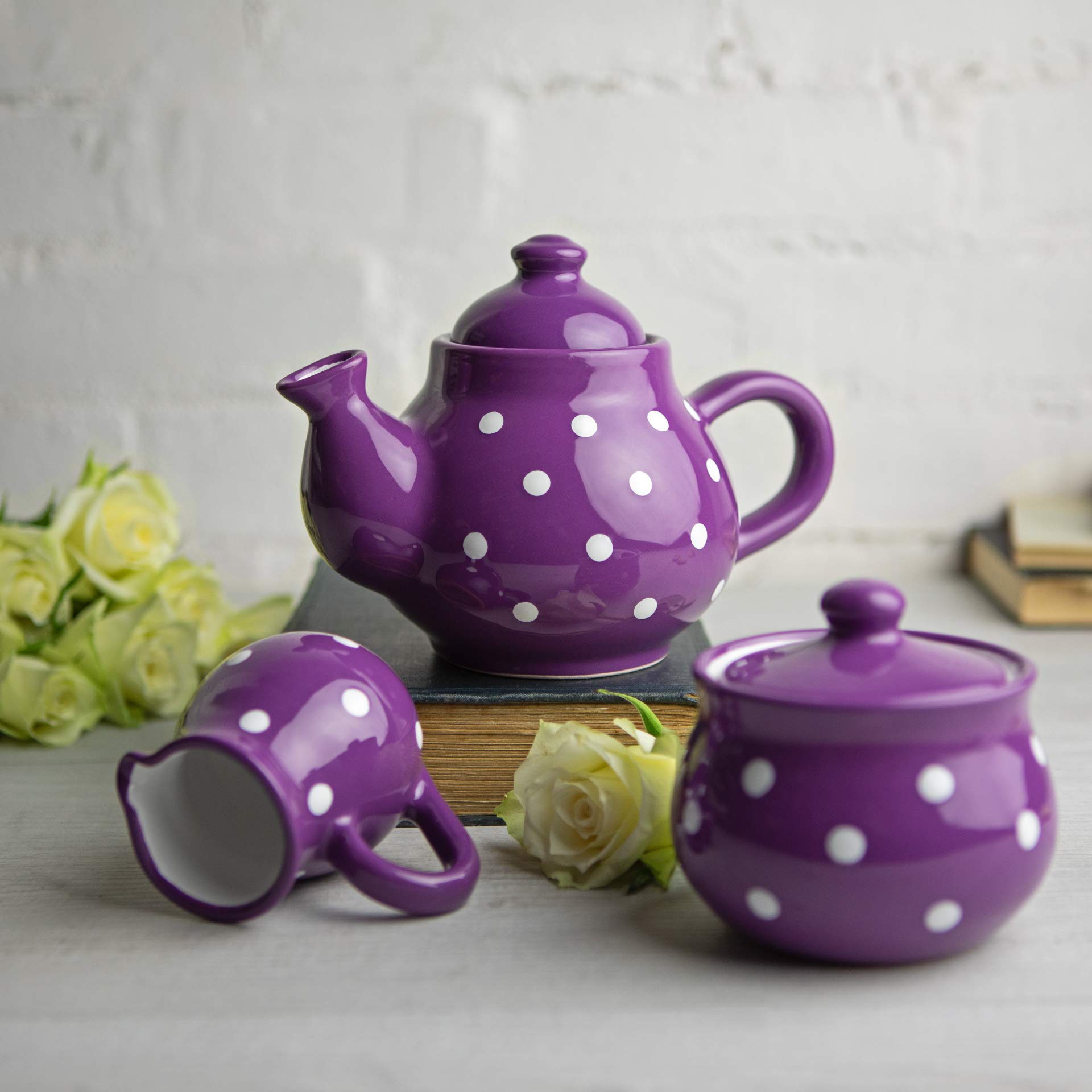City to Cottage Purple and White Polka Dot Handmade Ceramic Teapot, Milk Jug, Sugar Bowl Set